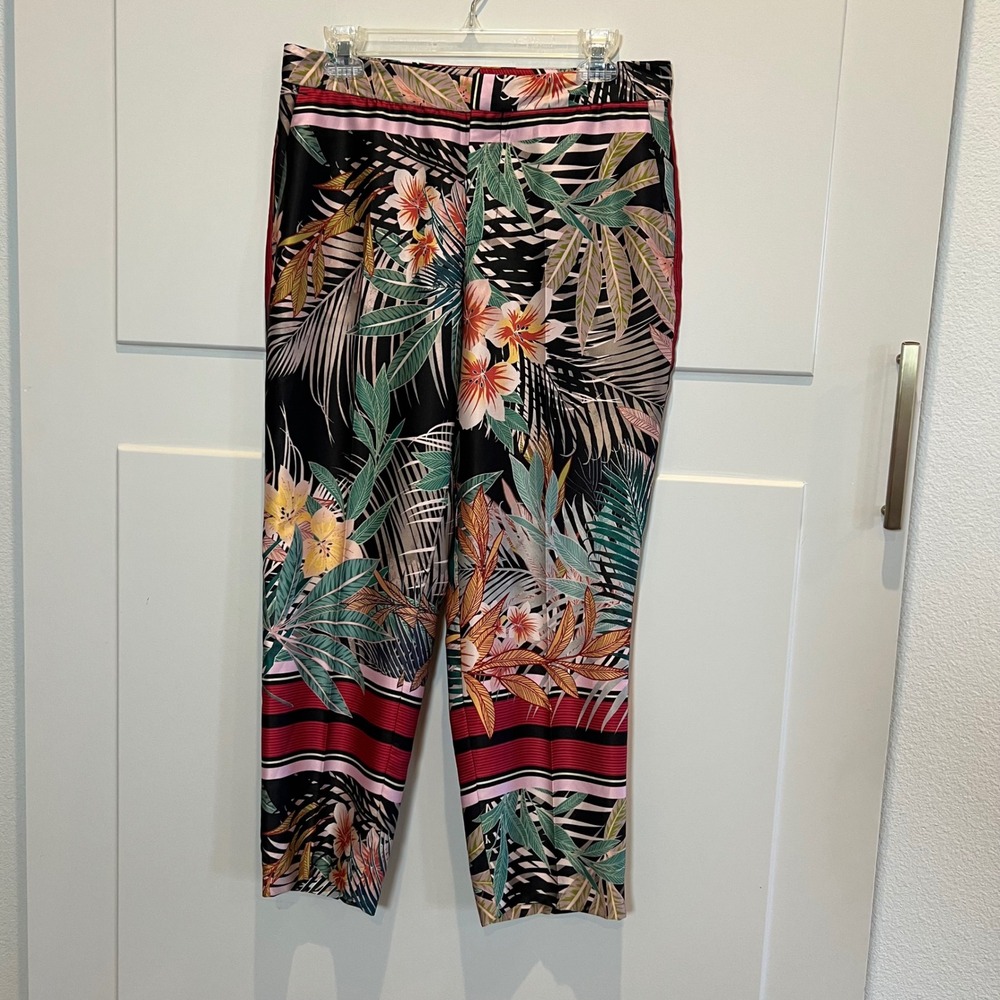 Zara Satin Silky Floral Cropped Pants Tropical Island Boho Women's Medium‎